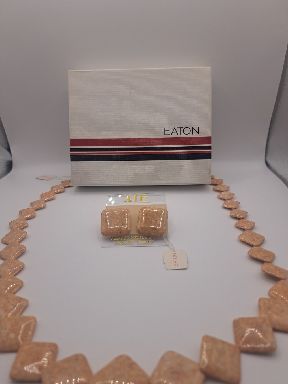 Vintage Eaton Genuine Stone Necklace & Earrings Set w/ Original Box & Tags - Picture 2 of 11